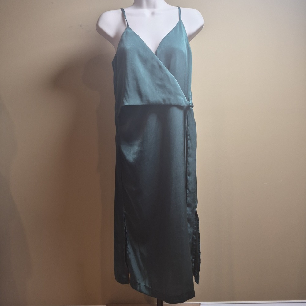 JOA Just One Answer Green‎ Satin Wrap Midi Dress XS NWT BC8300 Forest Green